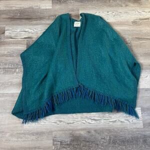 Vintage Irish Sweater Donegal Design Wool Poncho / Shawl Fringe Cape Blue Green